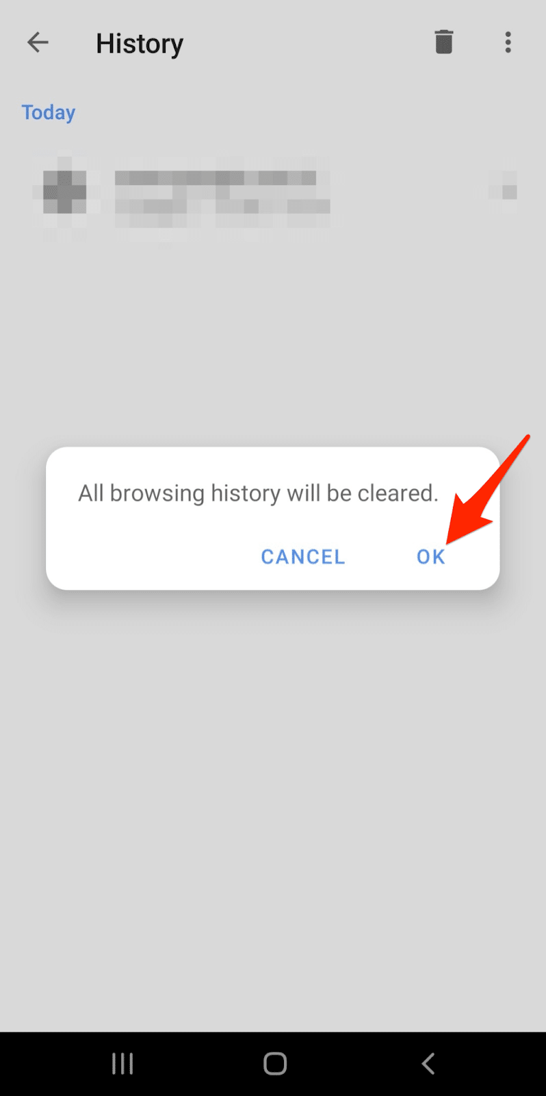 Tap the "OK" button to remove all browsing history
