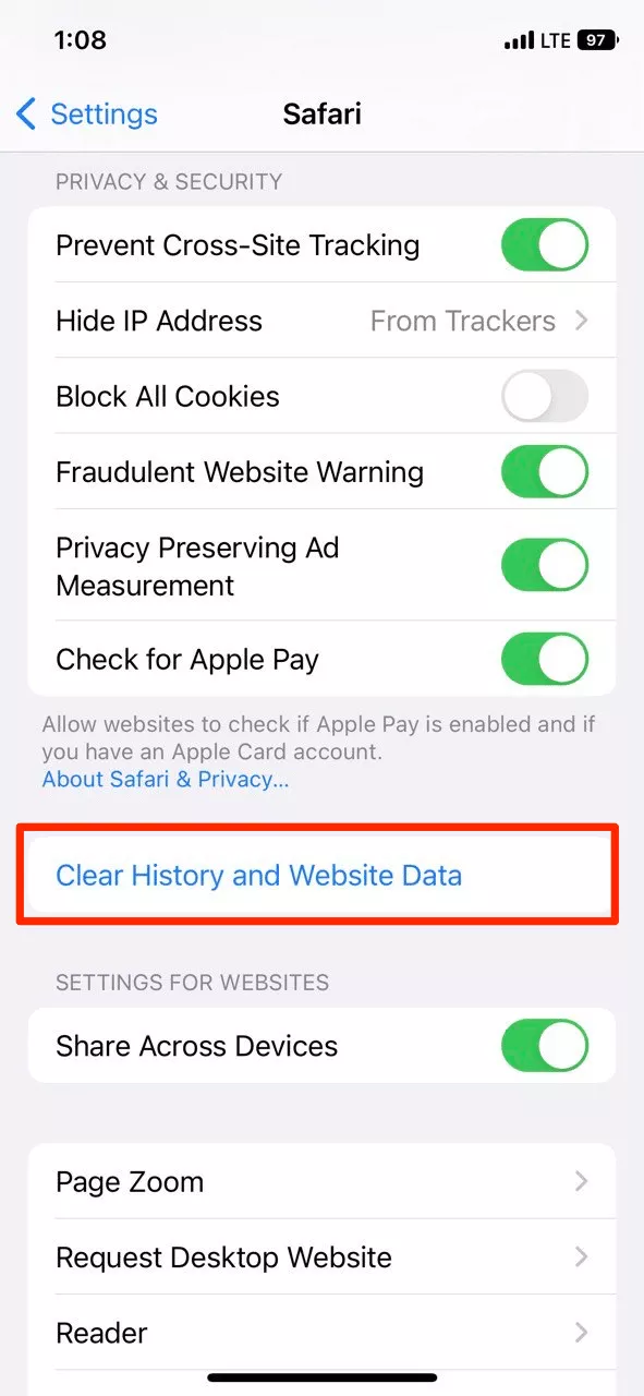 Select the "Clear History and Website Data" option