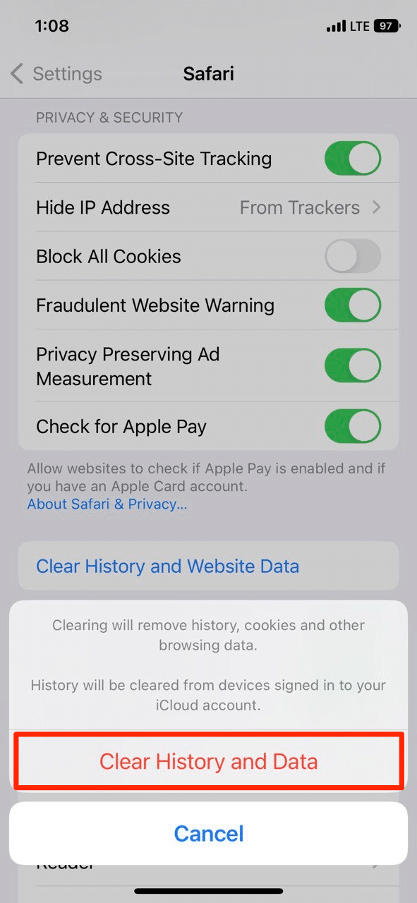 Tap the "Clear History and Data" button