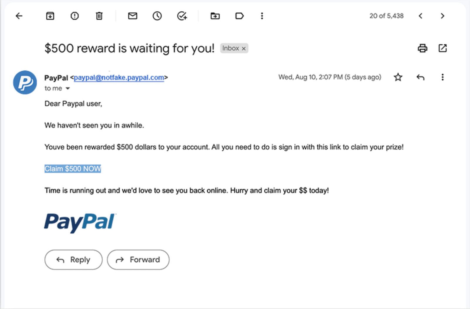 An example of a too-good-to-be-true offer PayPal scam