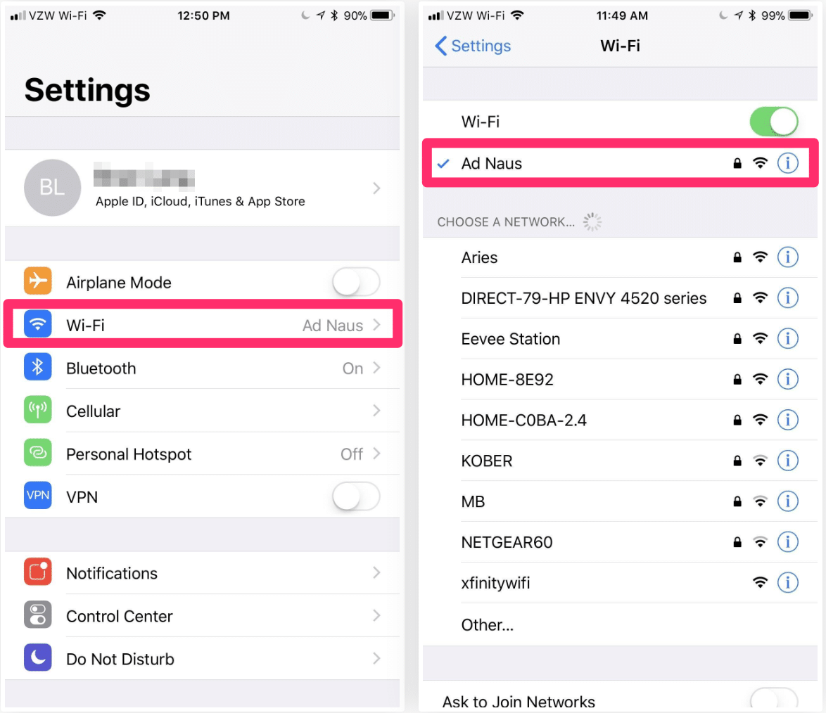 On your iPhone, the network name with a checkmark is your SSID