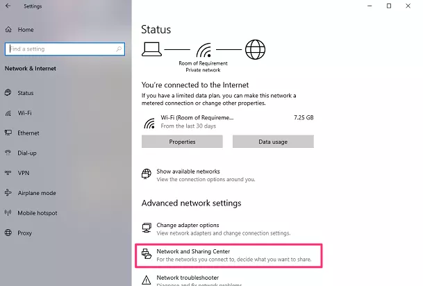Click Advanced network settings > Network and Sharing Center
