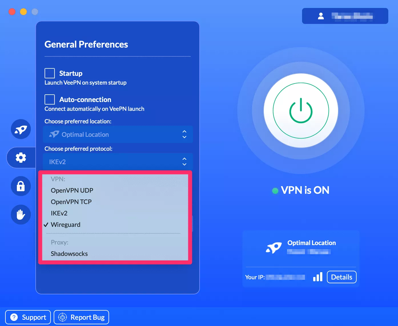 Escolhe um protocolo VPN alternativo na aplicação VeePN