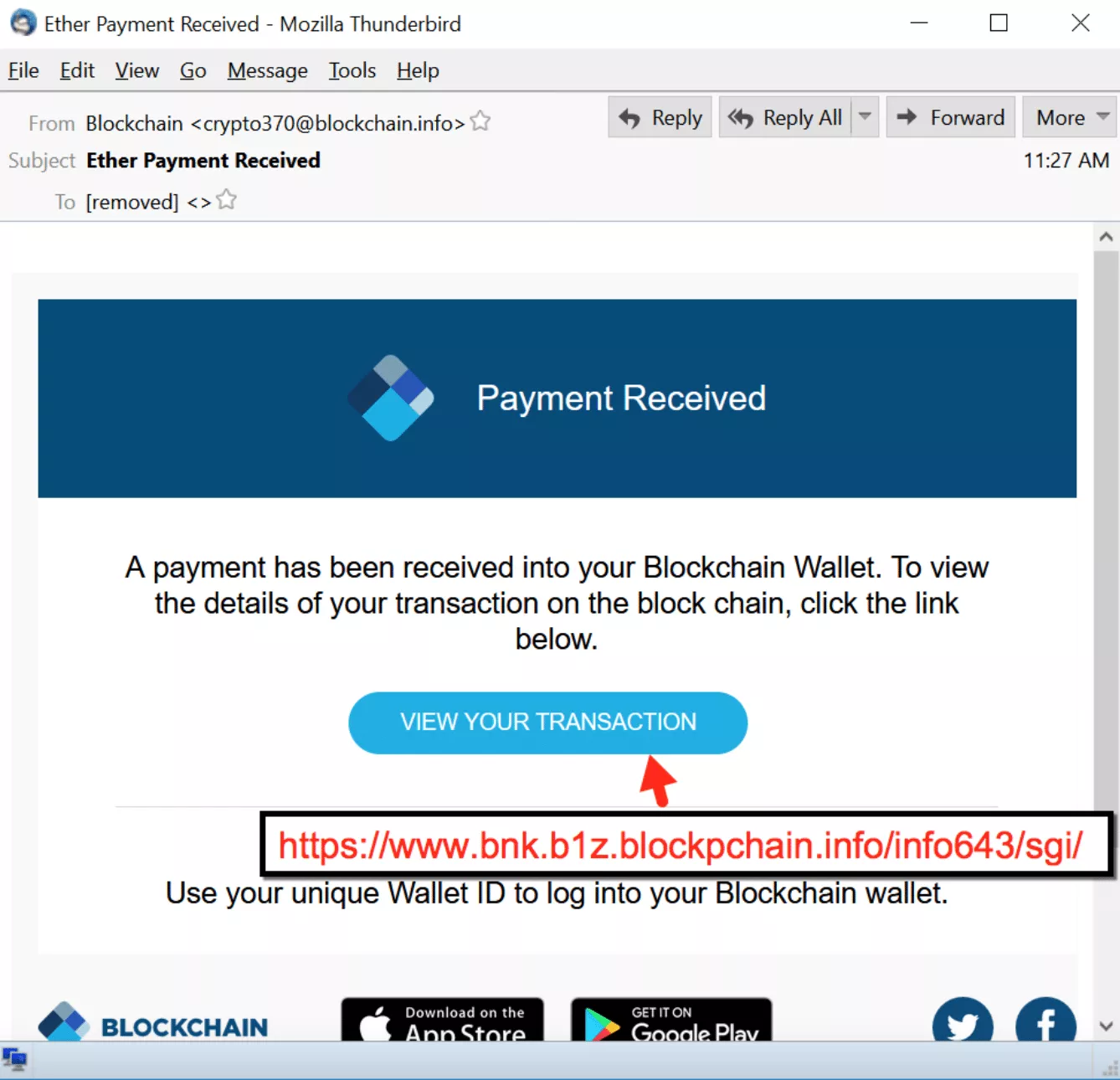 Bitcoin phishing scam example