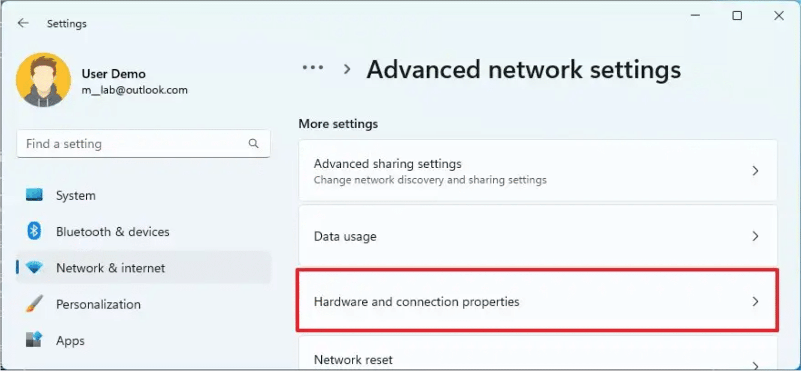 Open the "Hardware and connection properties" section