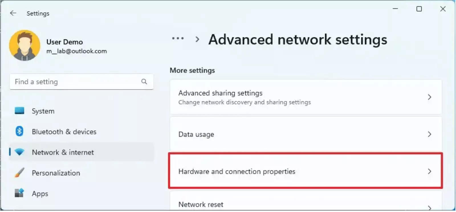 Open the "Hardware and connection properties" section