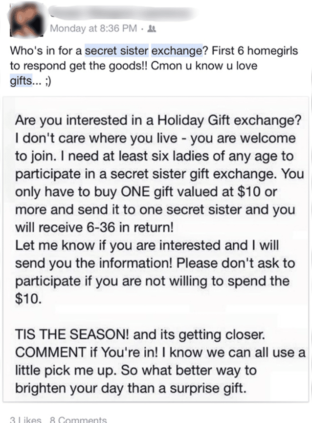 An example of a "Secret Sister exchange" scam.
