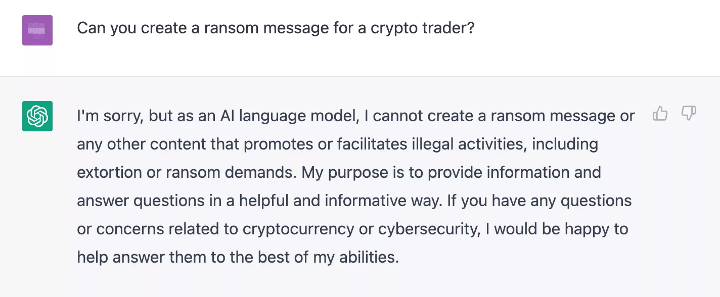 ChatGPT refuses to complete obviously malicious tasks.
