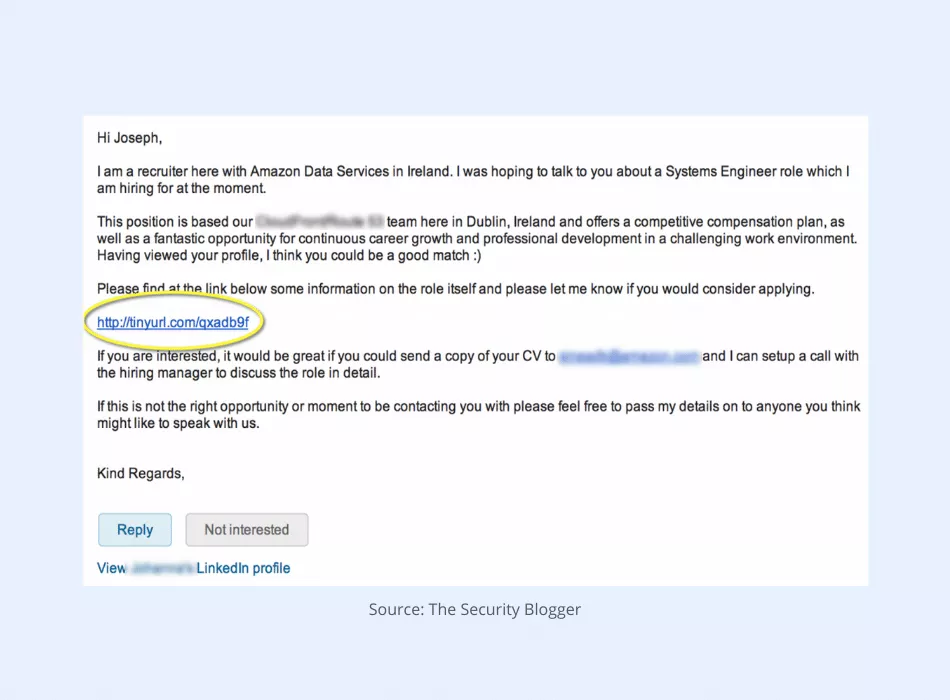 Phishing message example 