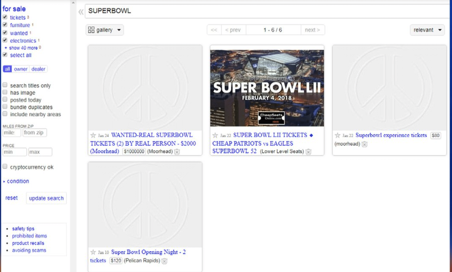 Examples of Super Bowl tickets sold online