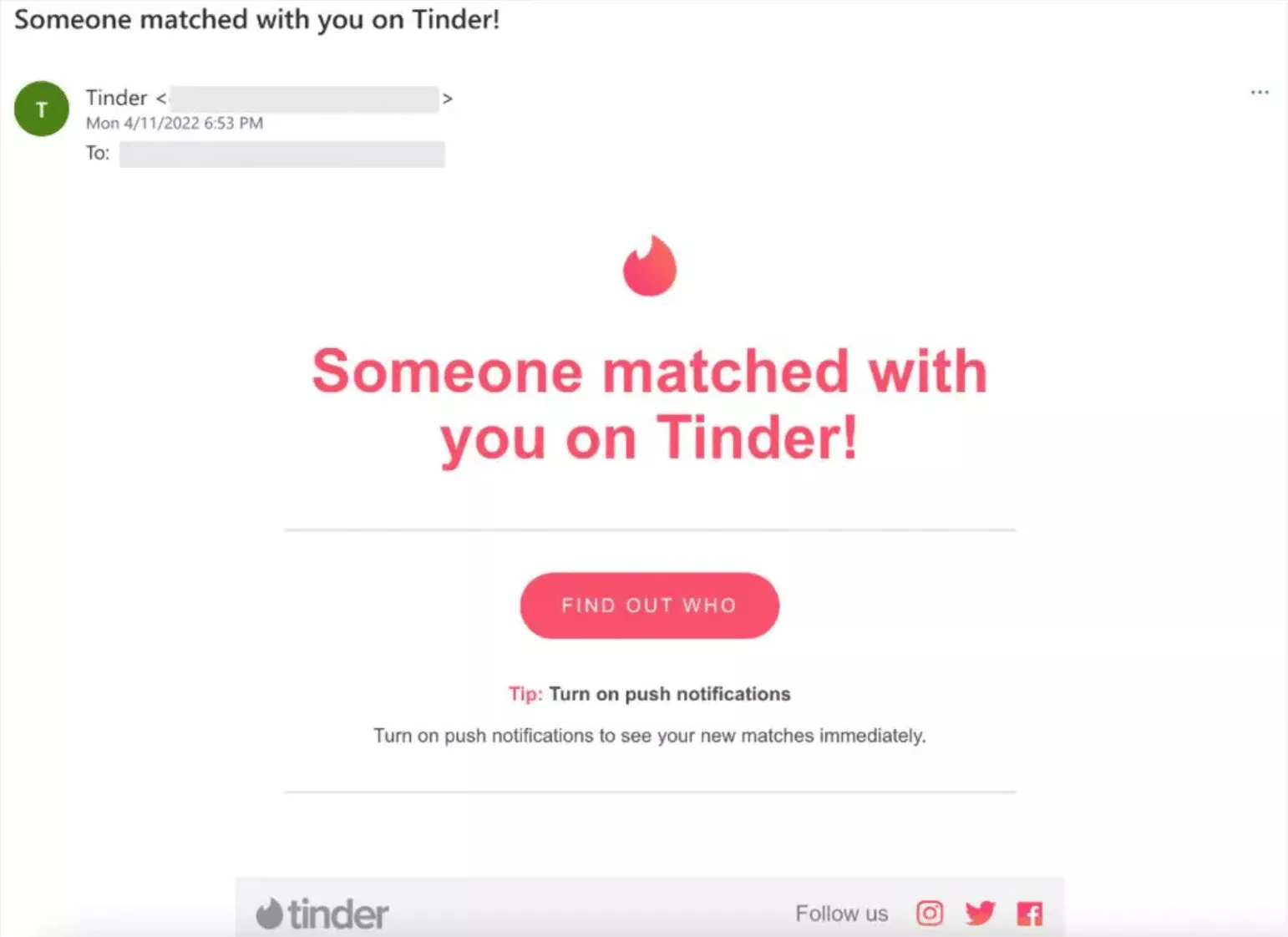 An example of a fake Tinder email containing a phishing link