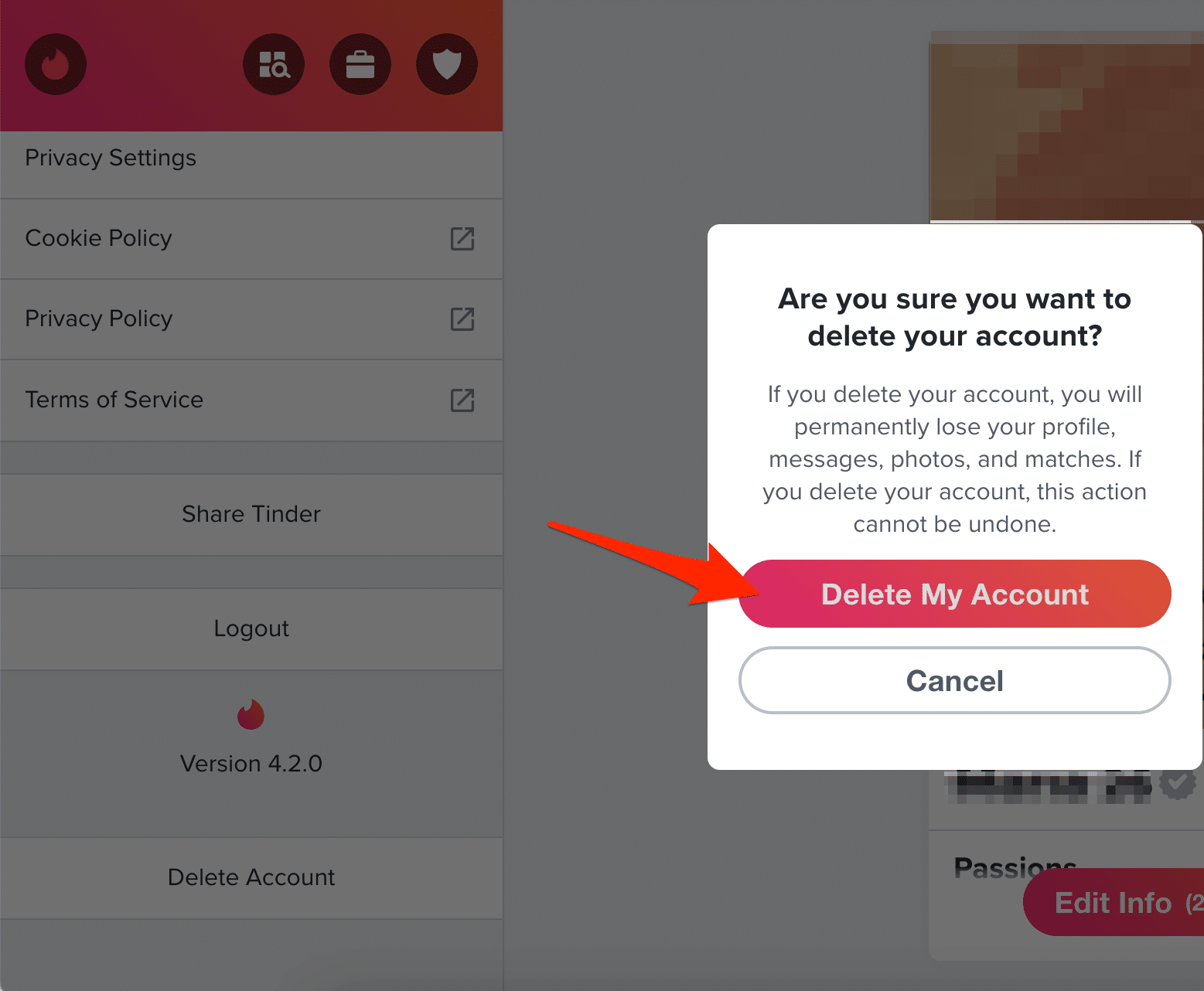 Confirm that you want to delete your profile by clicking "Delete My Account"