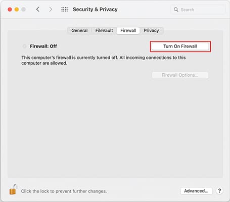 macOS Firewall preferences with Turn On Firewall highlighted