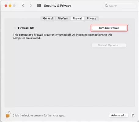 macOS Firewall preferences with Turn On Firewall highlighted