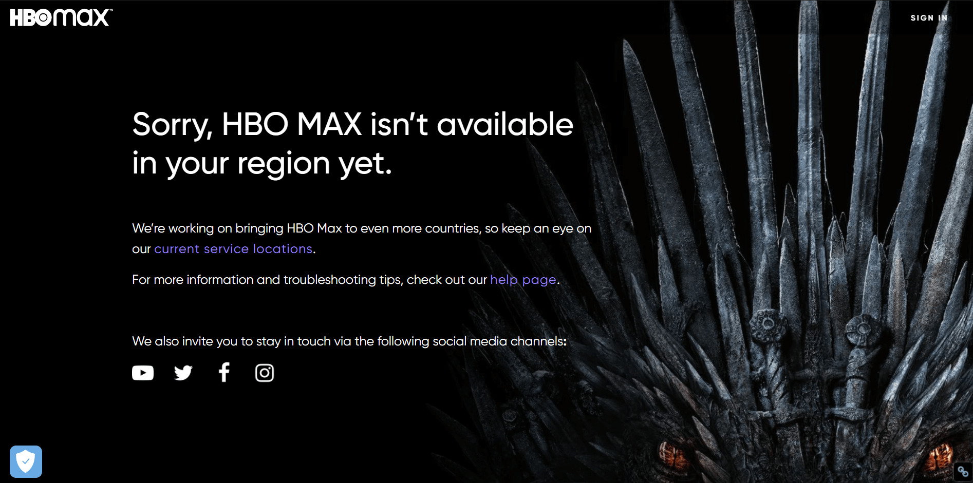 "The service is unavailable in your region" message on HBO Max