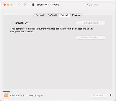 macOS Firewall preferences with firewall off