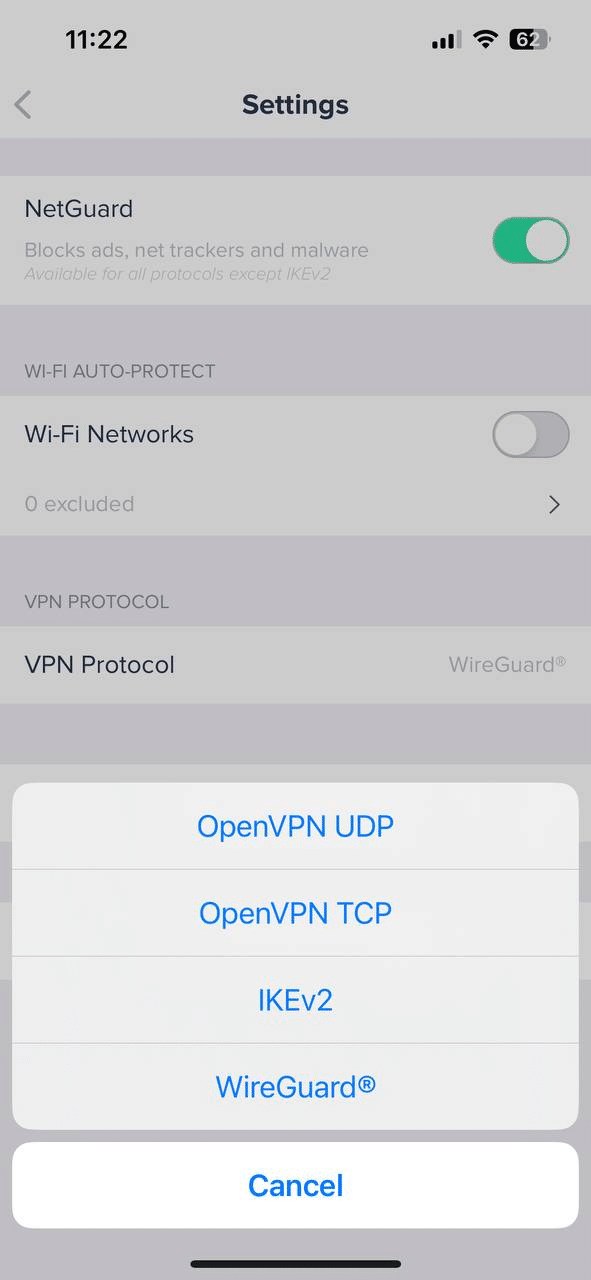 Choose VPN protocols in VPN app for iOS