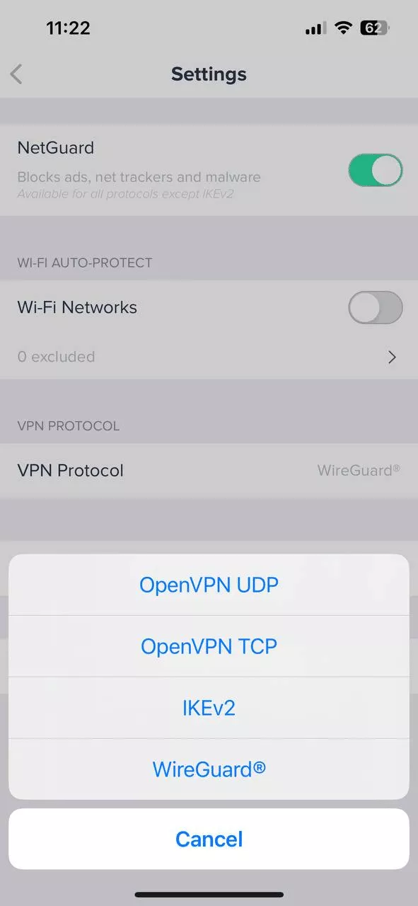 Choose VPN protocols in VPN app for iOS 