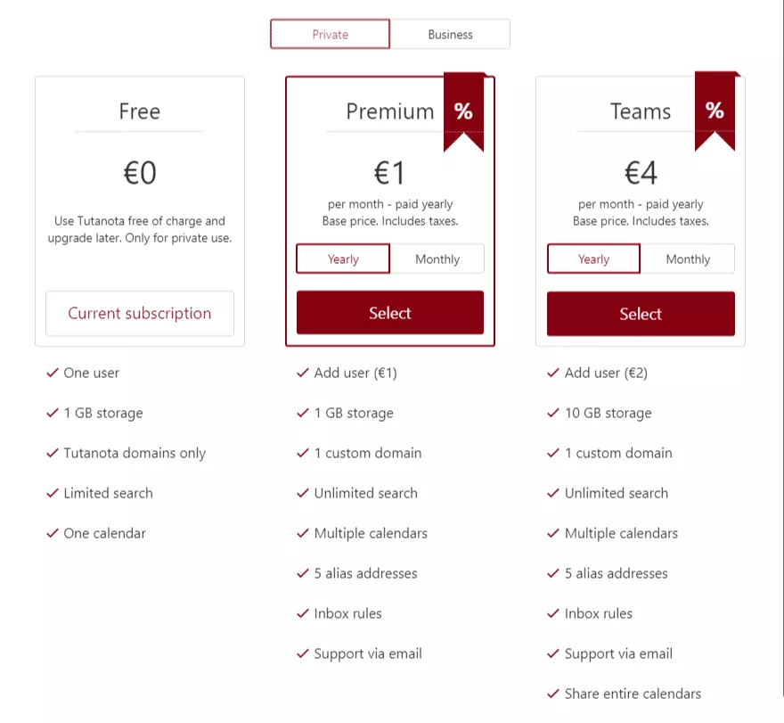 Tutanota individual pricing plans