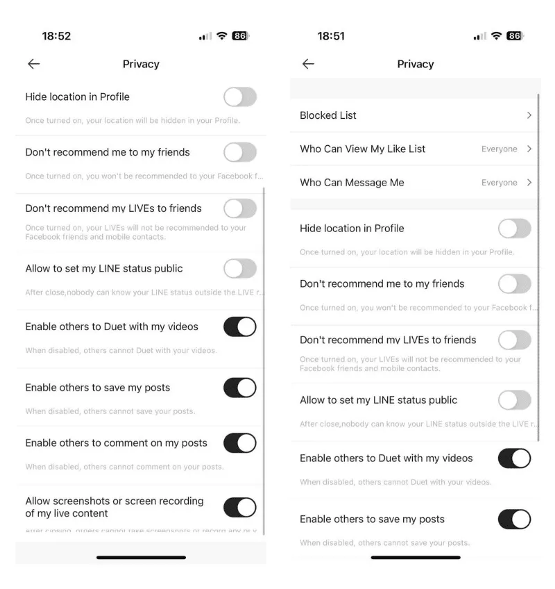 Default privacy settings in Likee 