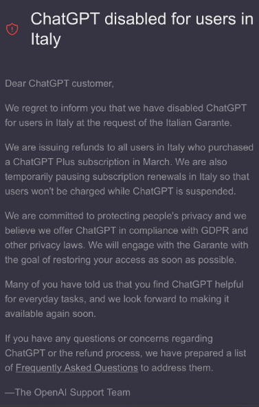 The "ChatGPT disabled for users in Italy" message