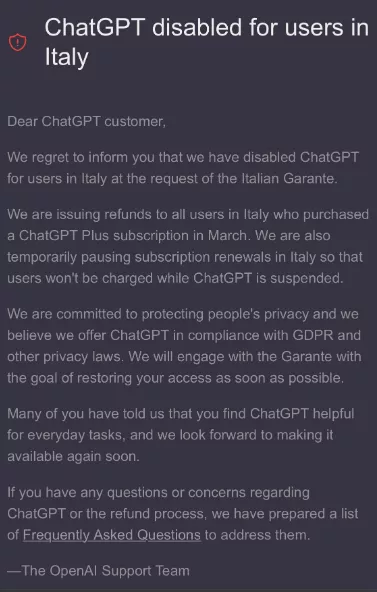 The "ChatGPT disabled for users in Italy" message