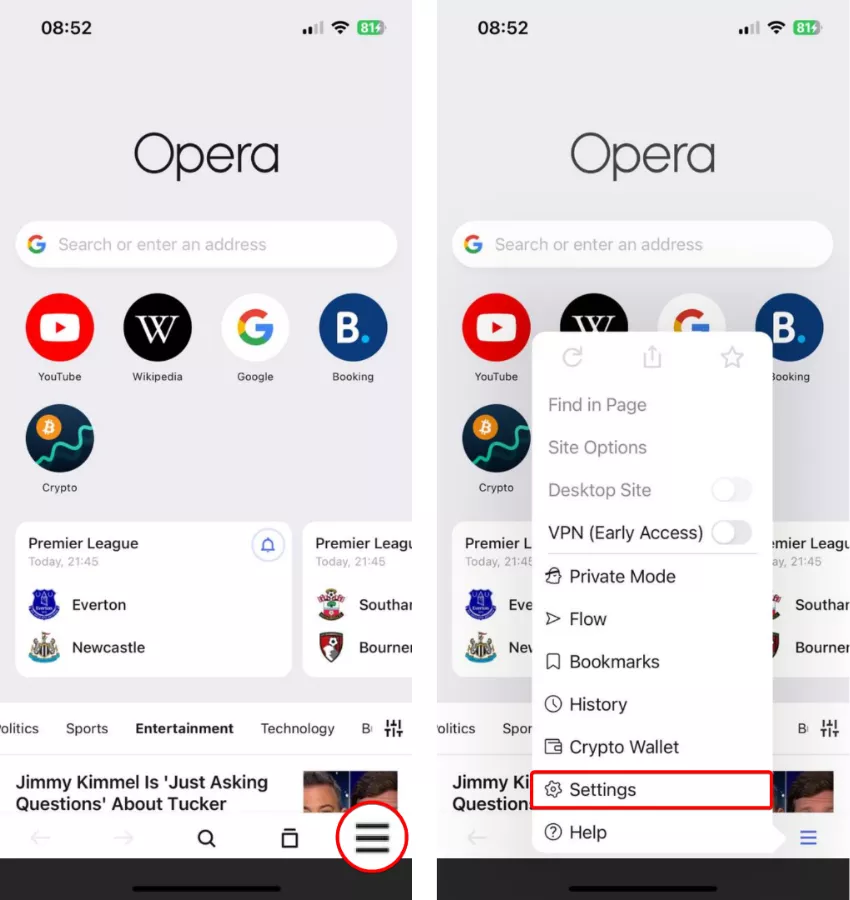 How to use Opera VPN iOS: Go to Settings in the browser 