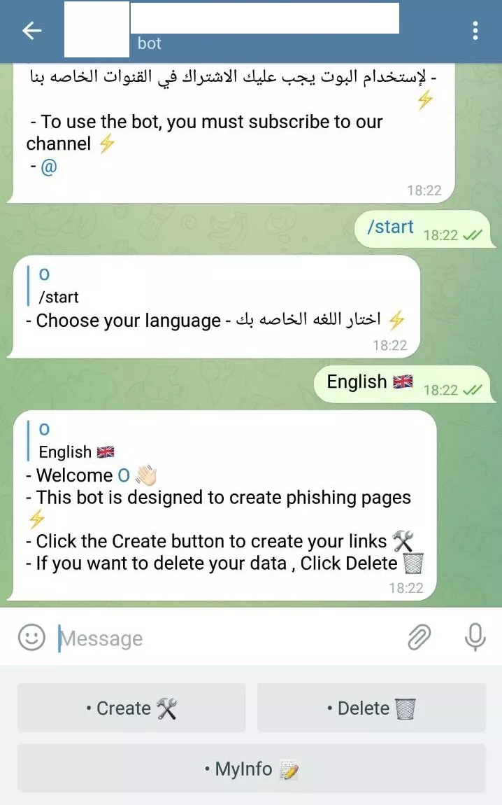 Kimlik avı metinleri üreten bir Telegram botu örneği