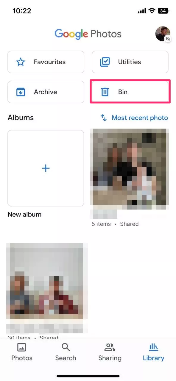 Open Library in Google Photos and tap the bin icon