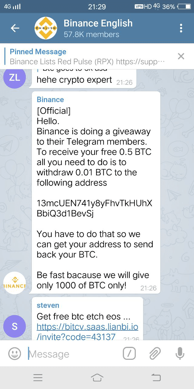 An example of a Telegram crypto scam