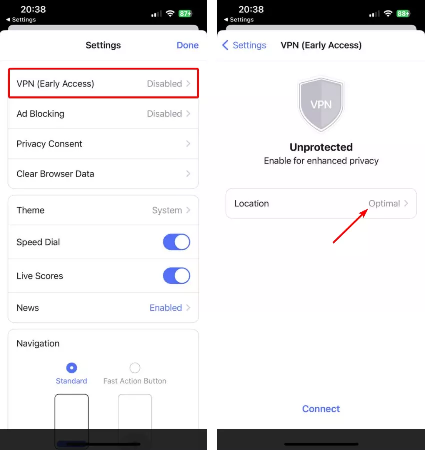 How to use Opera VPN iOS: Choose VPN and then tap Location. 