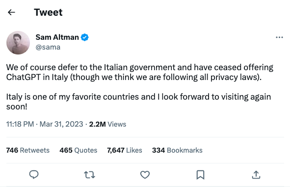 Sam Altman reacts to the ban of ChatGPT in Italy
