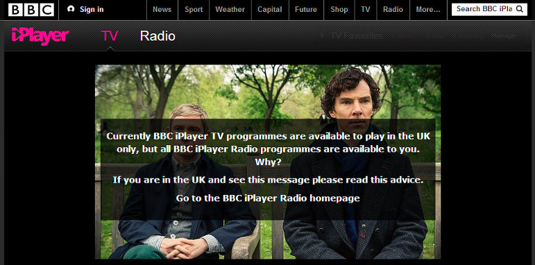 The "BBC iPlayer TV programmes are available to play in the UK alone" message