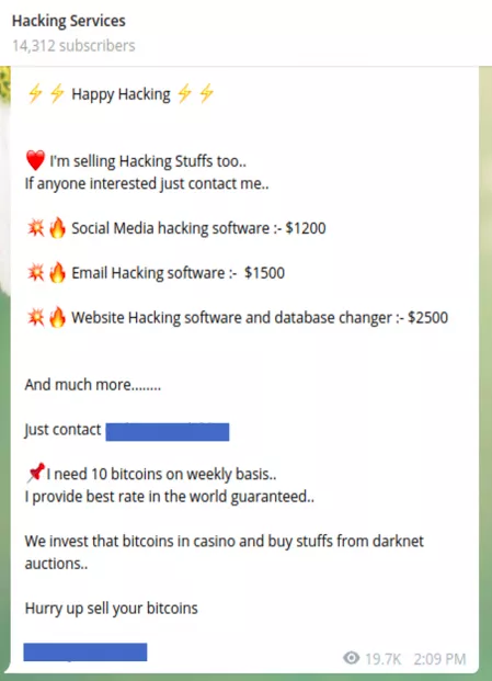 An example of a hacking channel on Telegram