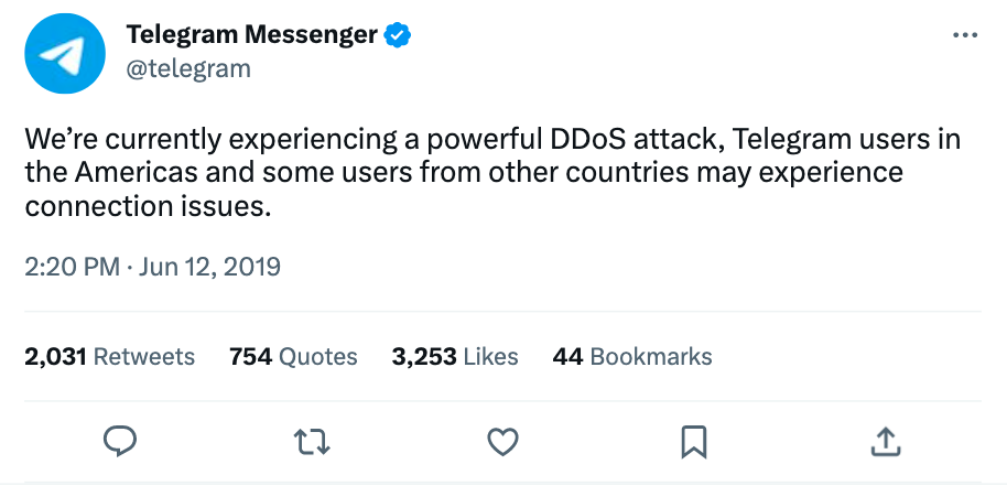 In 2019, Telegram reported a massive DDoS attack targeting American and other users
