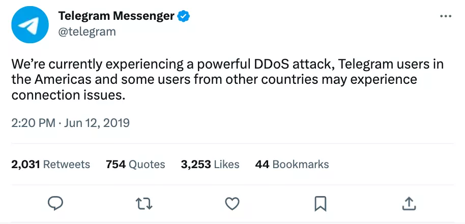 2019'da Telegram, Amerikalı ve diğer kullanıcıları hedef alan büyük bir DDoS saldırısı bildirdi