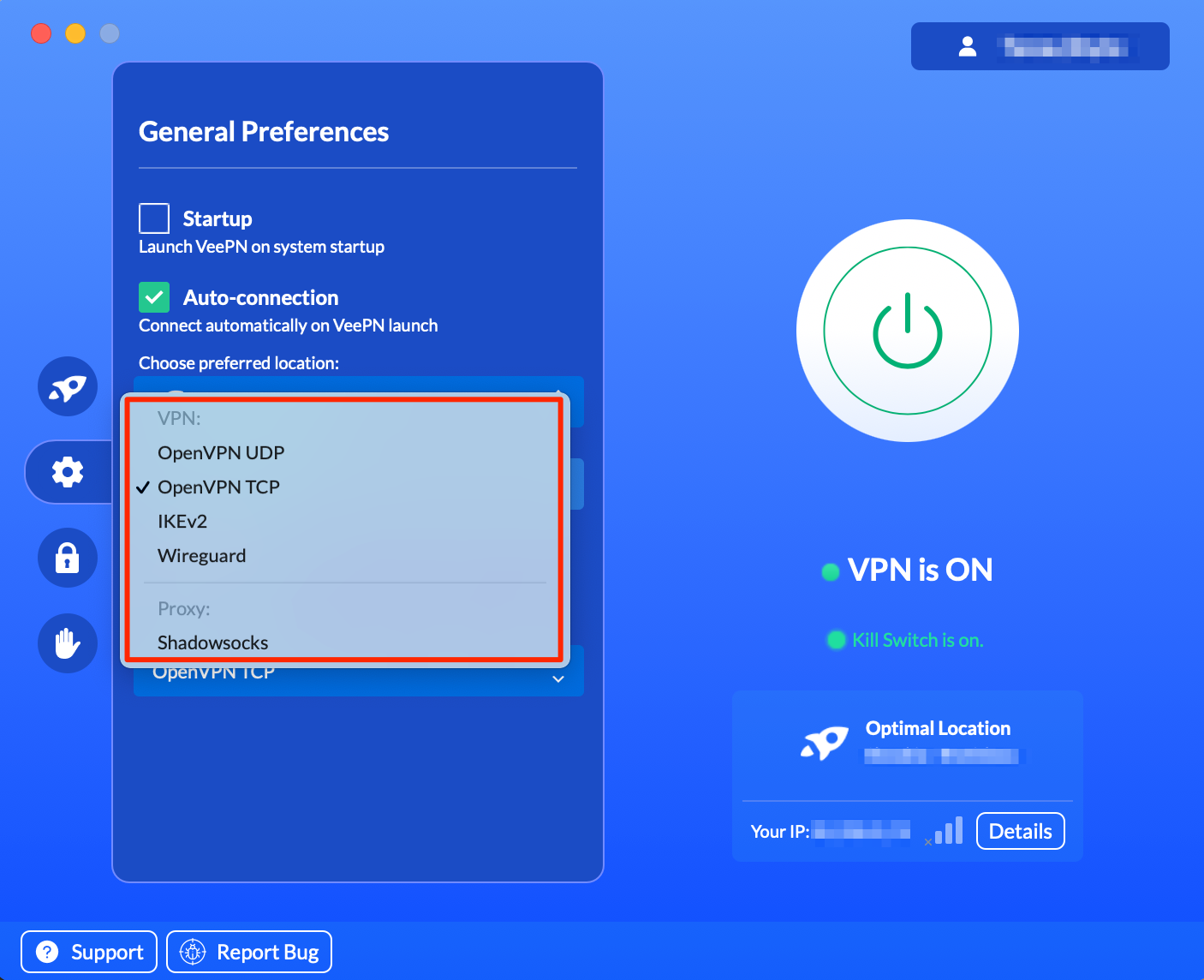 Change your VPN protocol in the VeePN settings