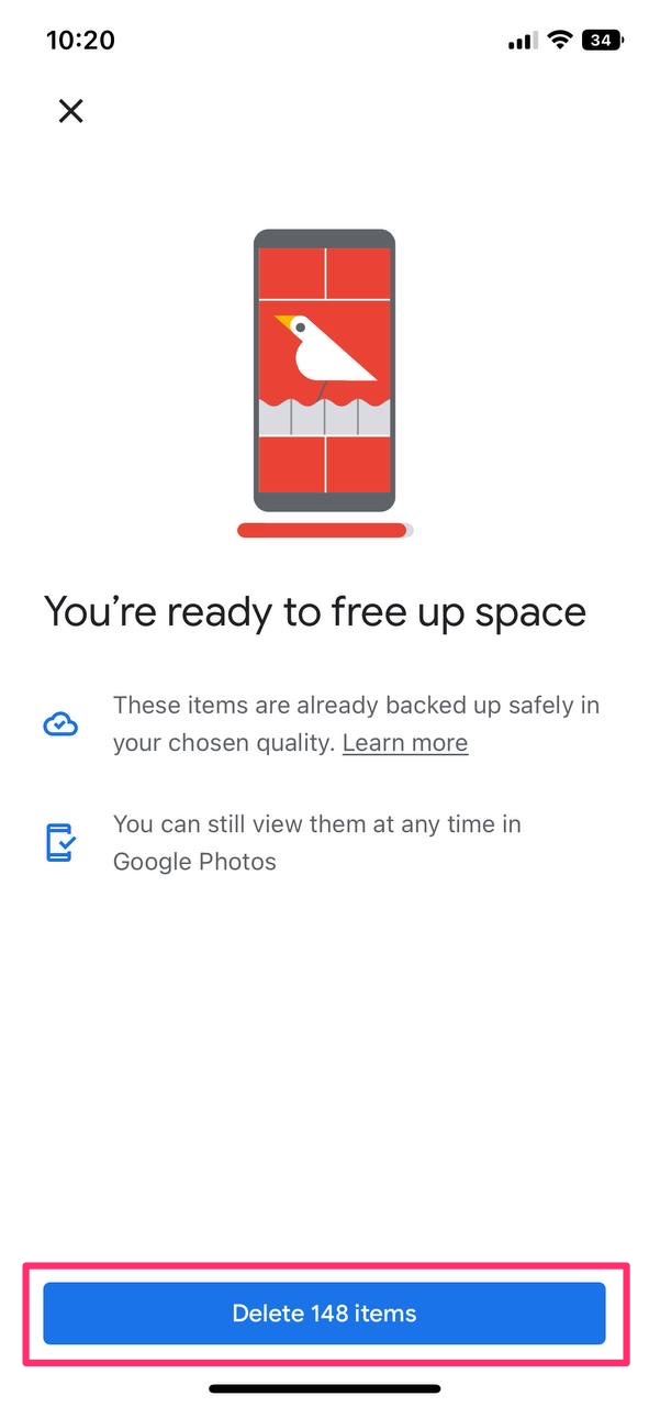 Tap the "Free up space" button and confirm the action