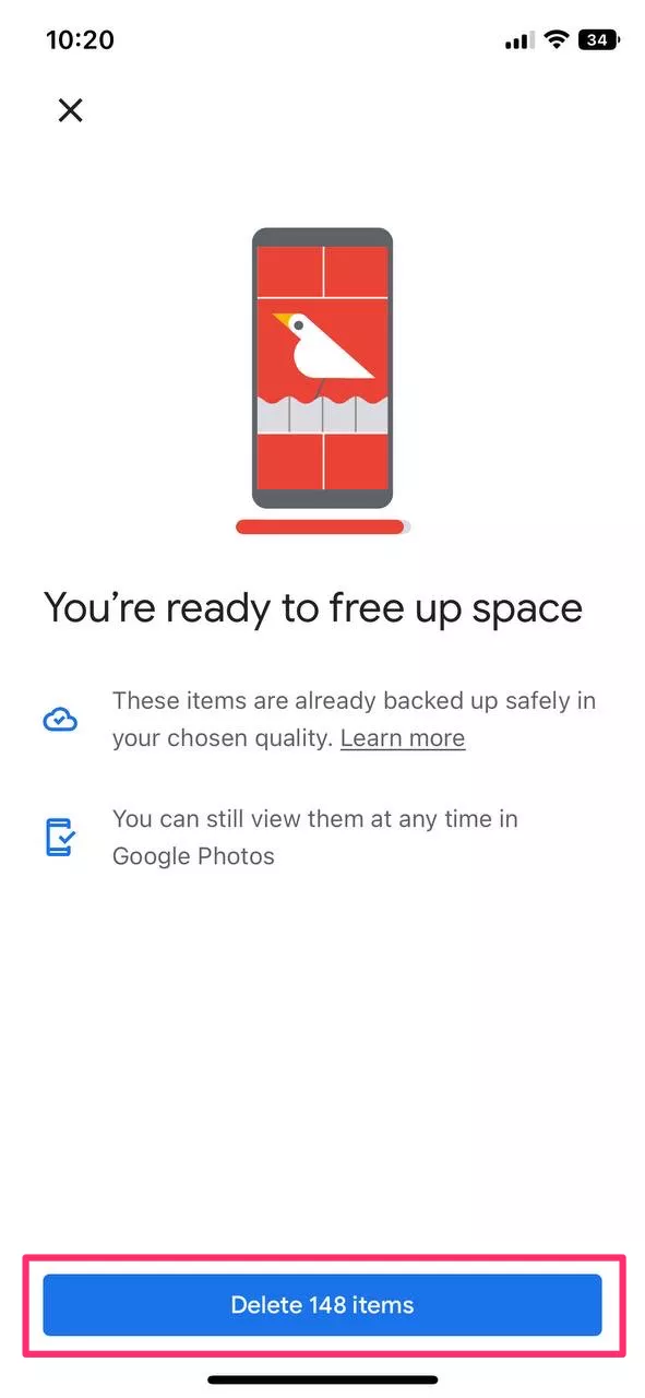 Tap the "Free up space" button and confirm the action