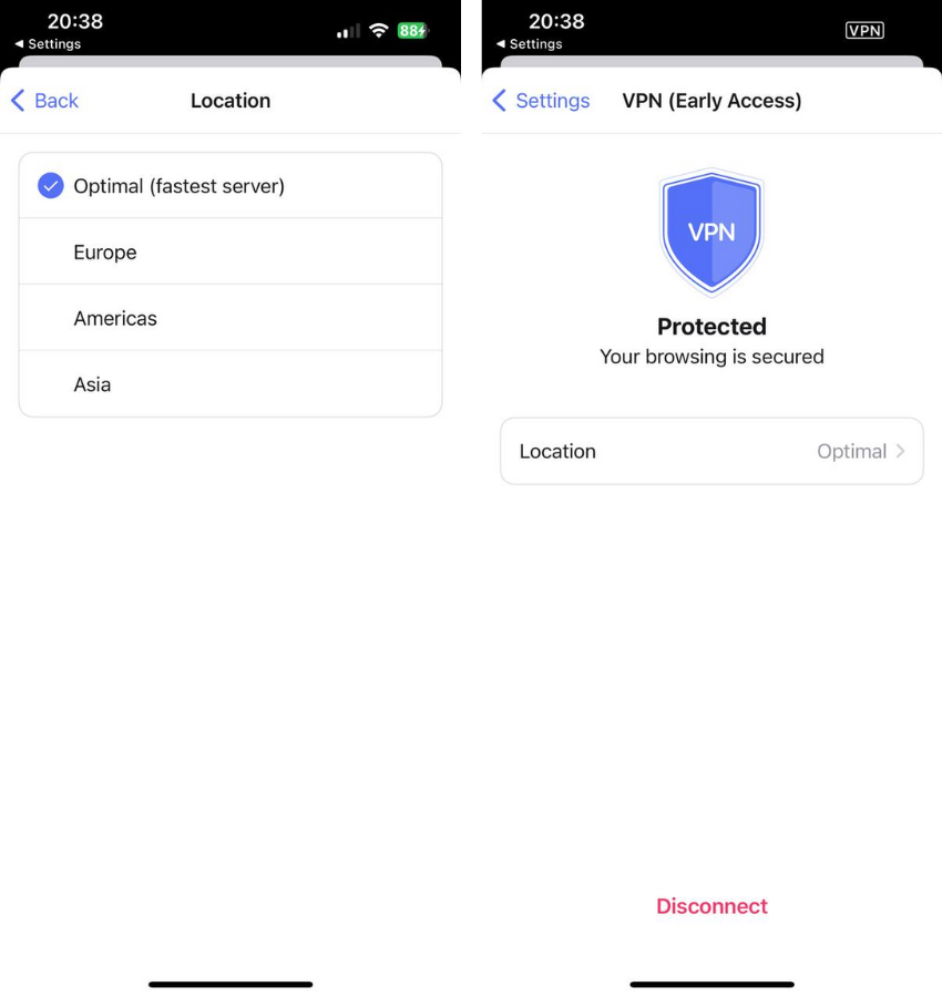 How to use Opera VPN iOS: Choose a server region, go back, and then tap Connect.