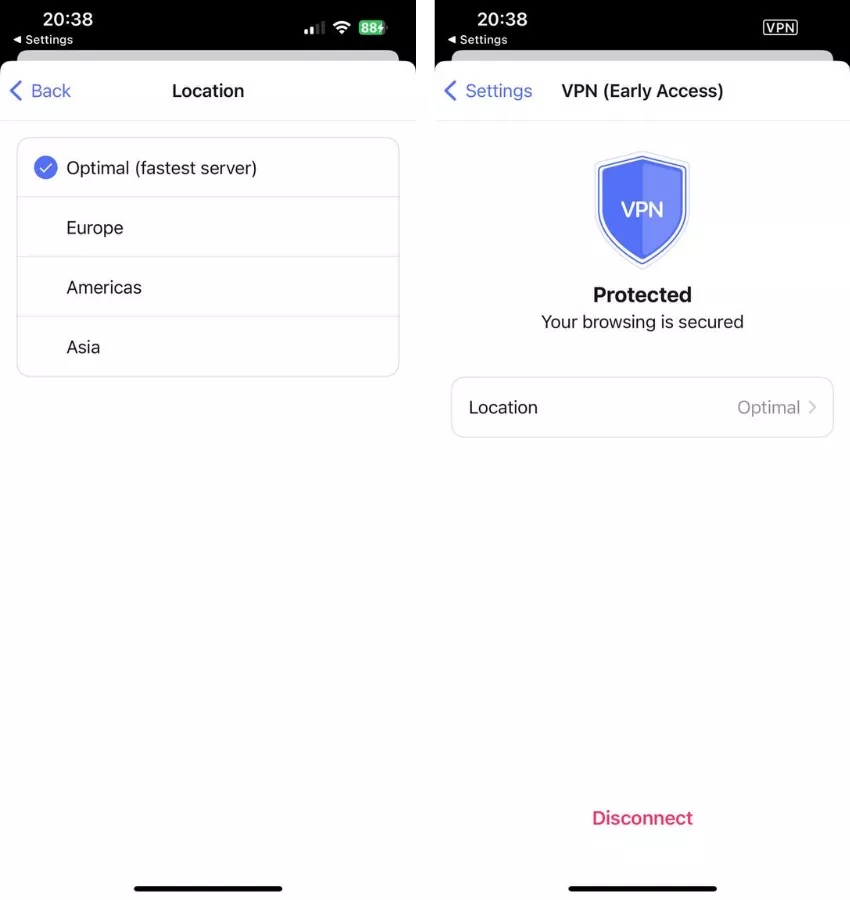 How to use Opera VPN iOS: Choose a server region, go back, and then tap Connect. 