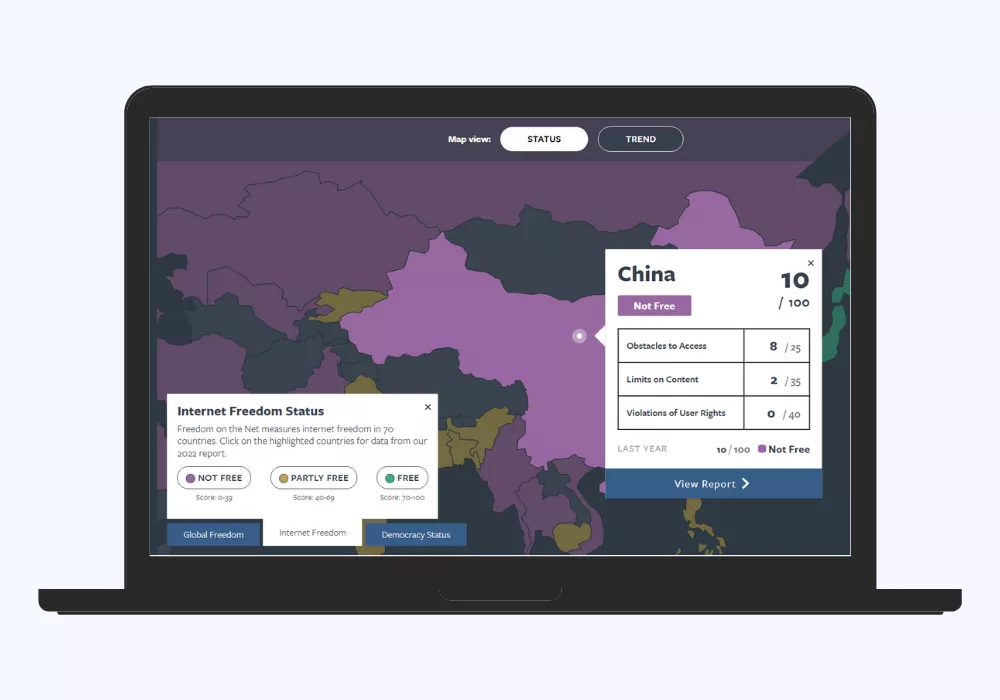 Mapa svobody internetu od Freedom House: Úroveň svobody internetu v Číně  