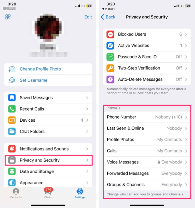 Steps to adjust Privacy and Security settings on Telegram