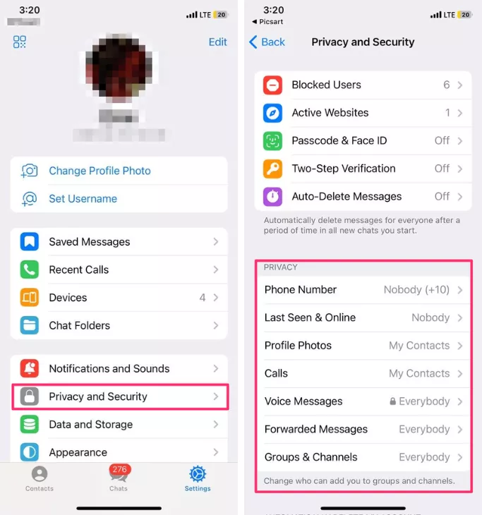 Telegram'da Gizlilik ve Güvenlik ayarlarını yapma adımları