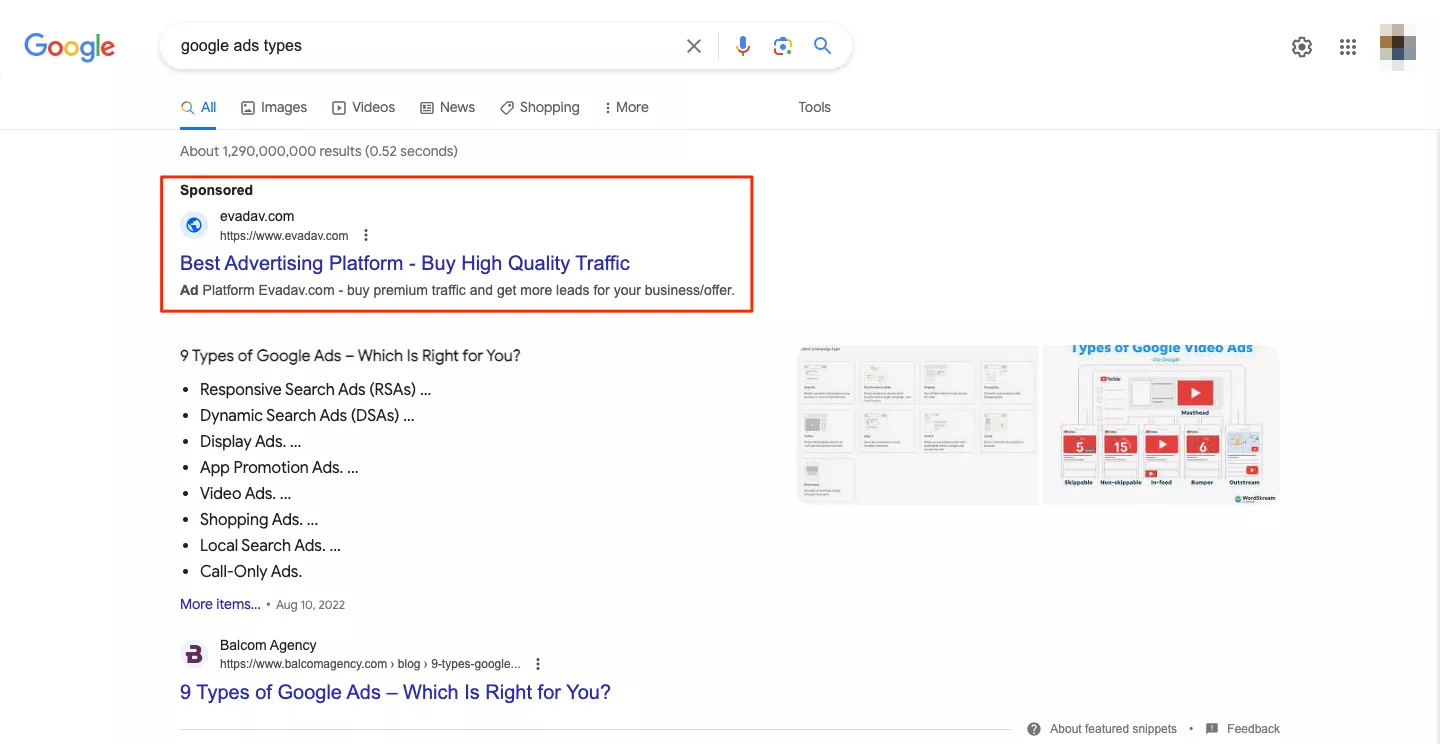 An example of a search ad on Google