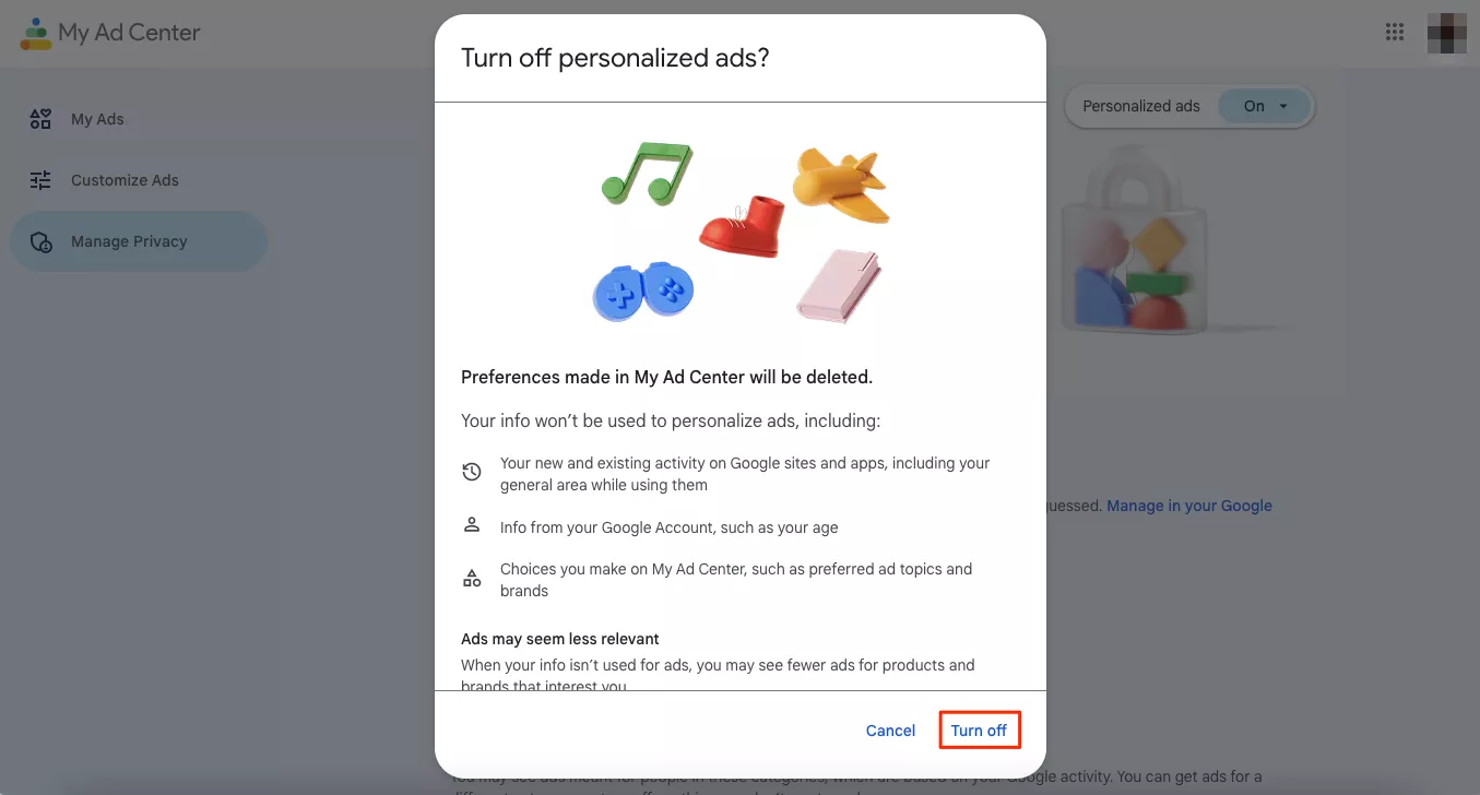 Turn off ad personalization