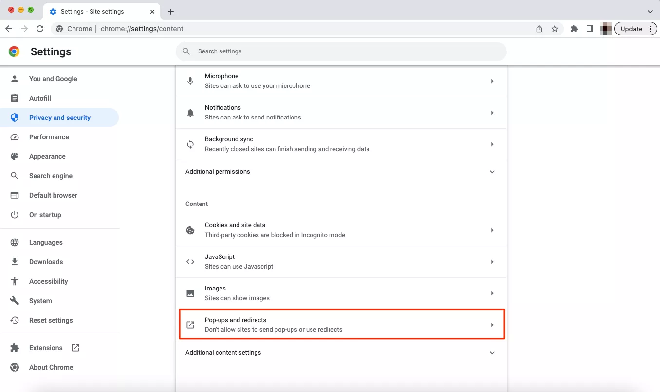 Open the "Pop-ups and redirects" section in the Content tab