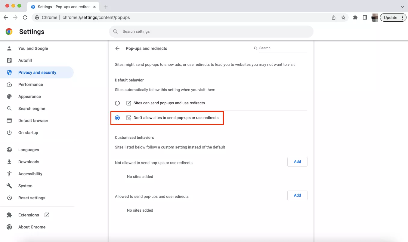 Enable the "Don't allow sites to send pop-ups or use redirect" option