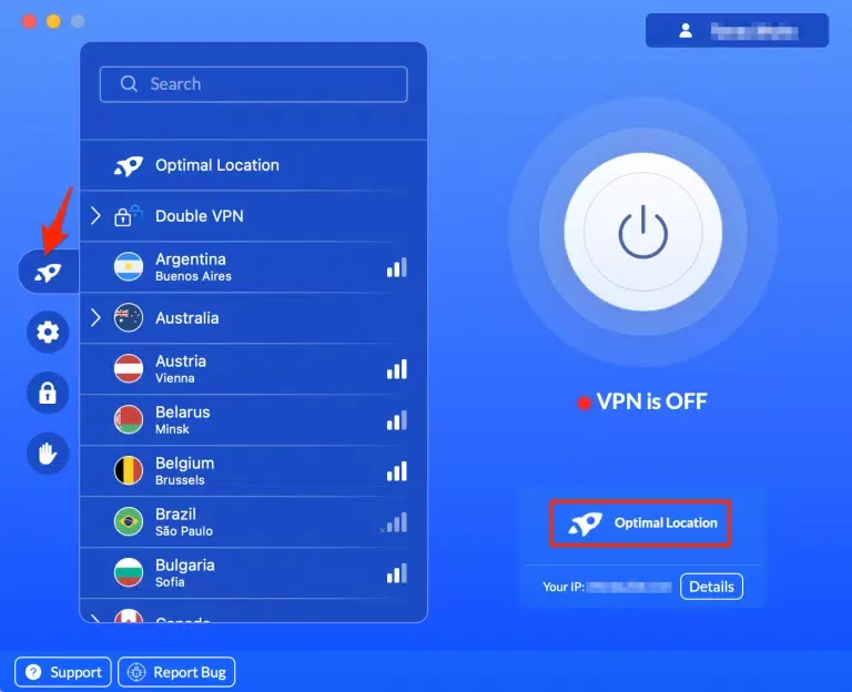 اختر موقع خادم VPN