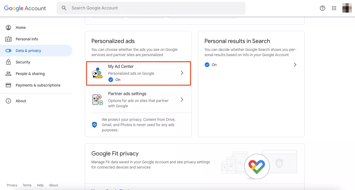 Select My Ad Center in the Personalized ads section